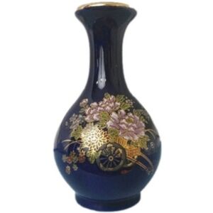 Kutani Japanese Blue Metallic Floral Mini Flower Collectable Plant Vase Decor